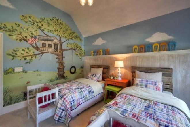简单漂亮的儿童房手绘墙画效果图