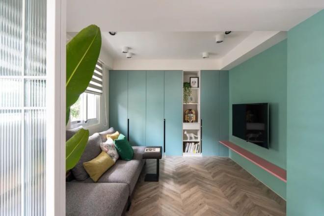 70平老屋改造小户型客厅混搭白色绿色原木色整屋装修效果图
