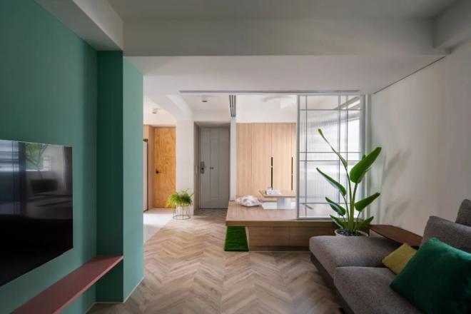 70平老屋改造小户型客厅混搭白色绿色原木色整屋装修效果图
